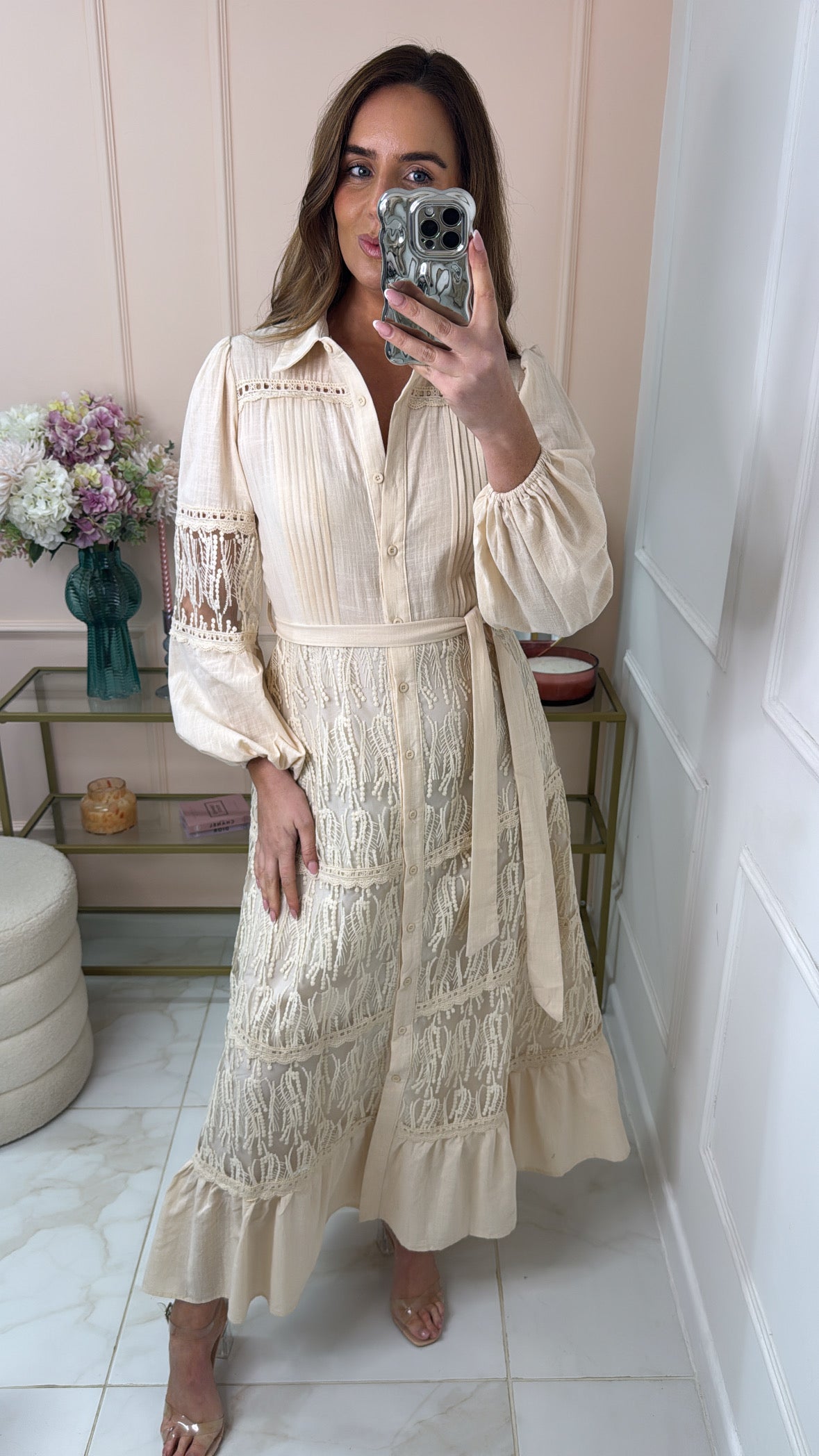ANYA beige tiered belted maxi dress