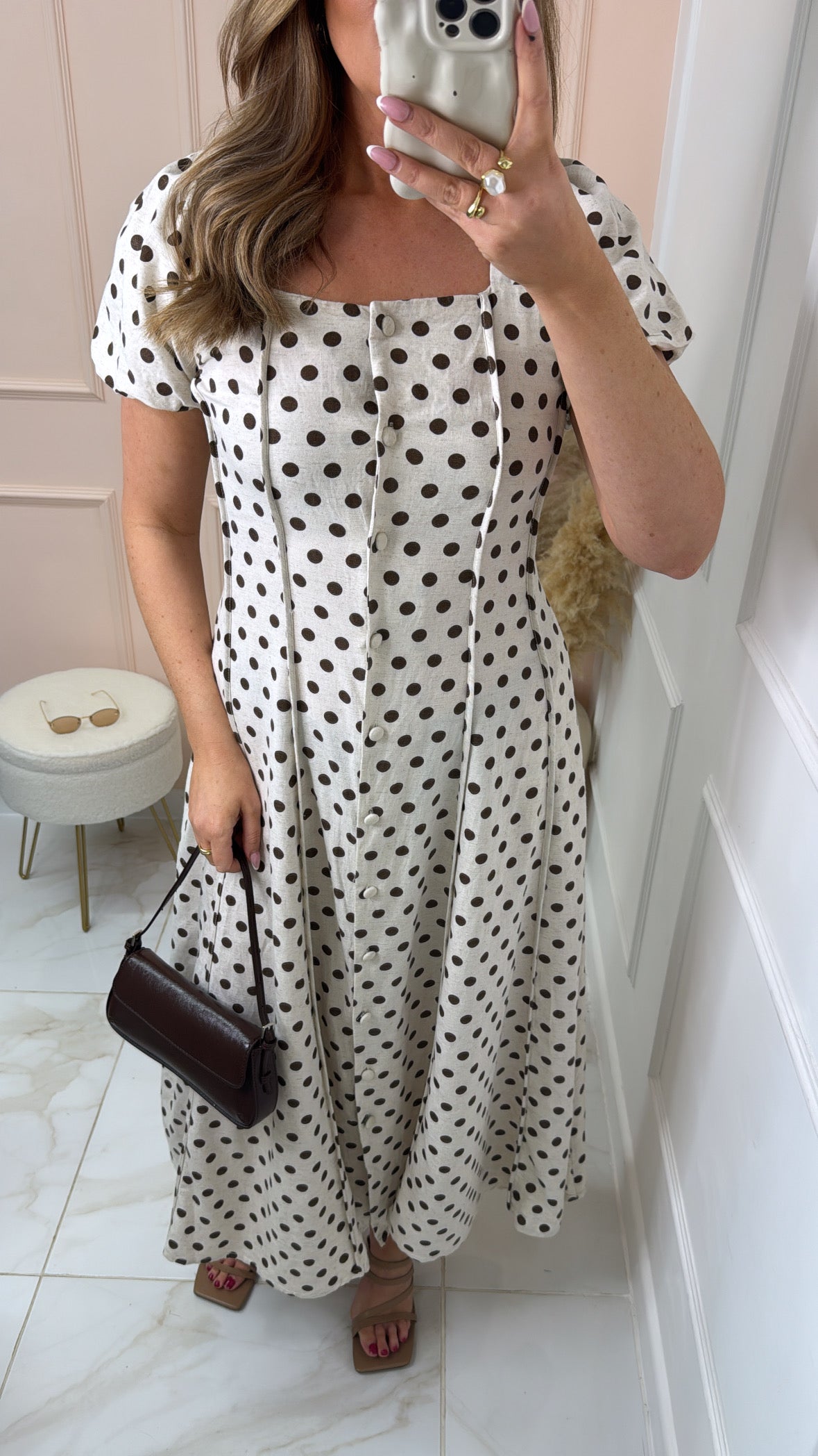 LILLIAN brown linen polka dot puff sleeve dress