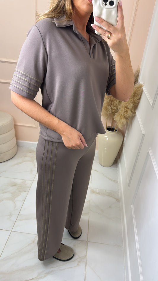 BETHANY taupe metallic collared lounge set