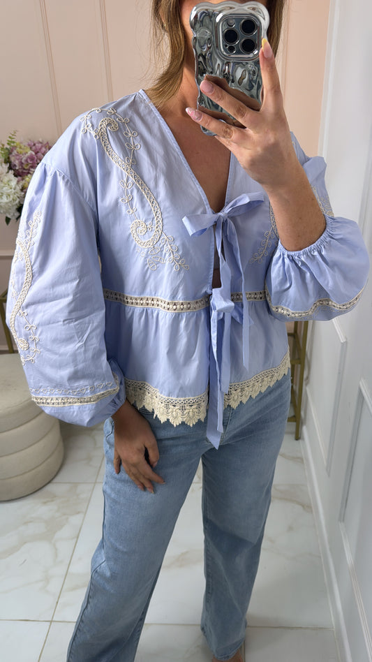 MILLY blue embroidered tie front blouse