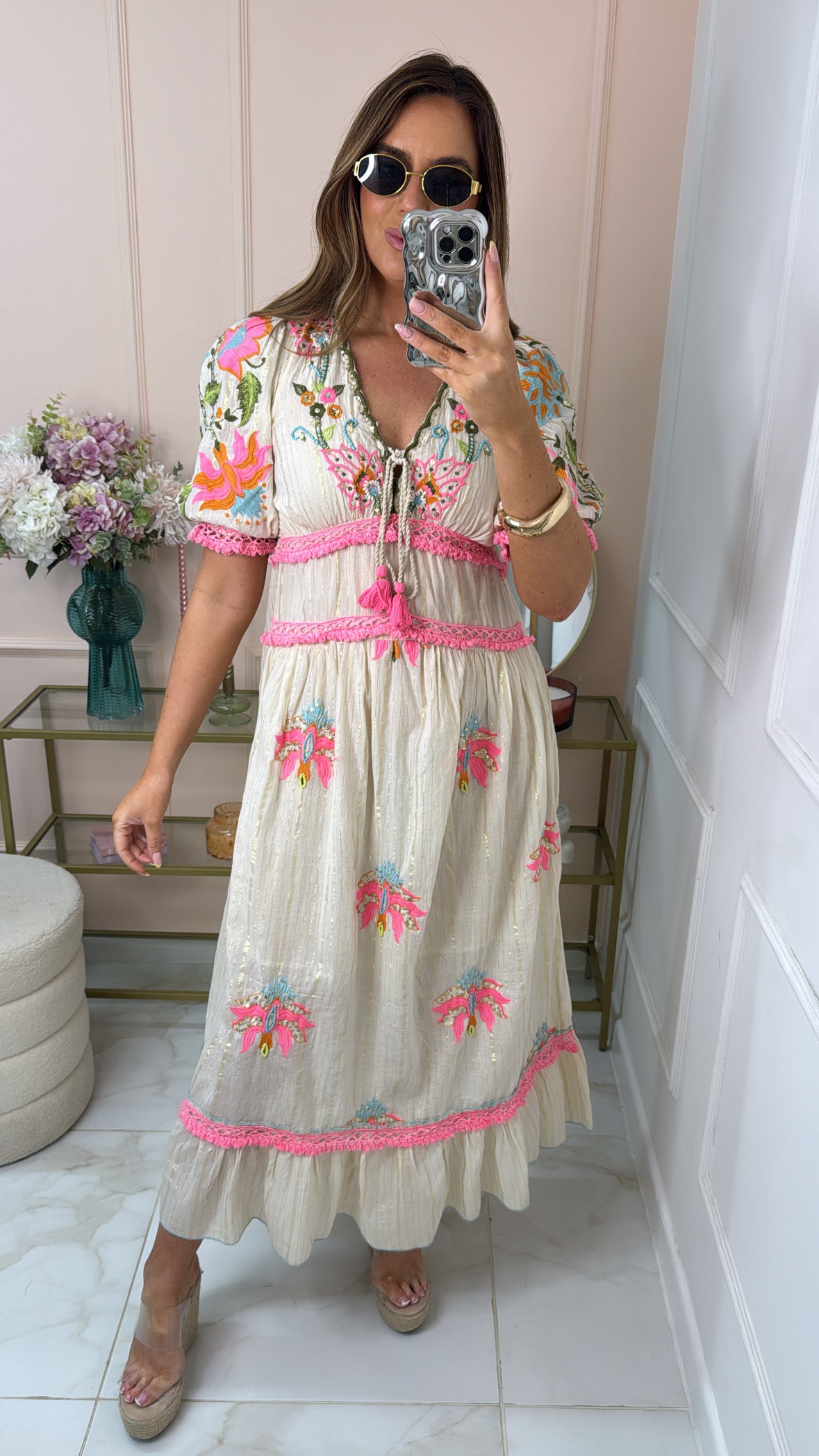 ELLA pink tassle embroidered maxi dress