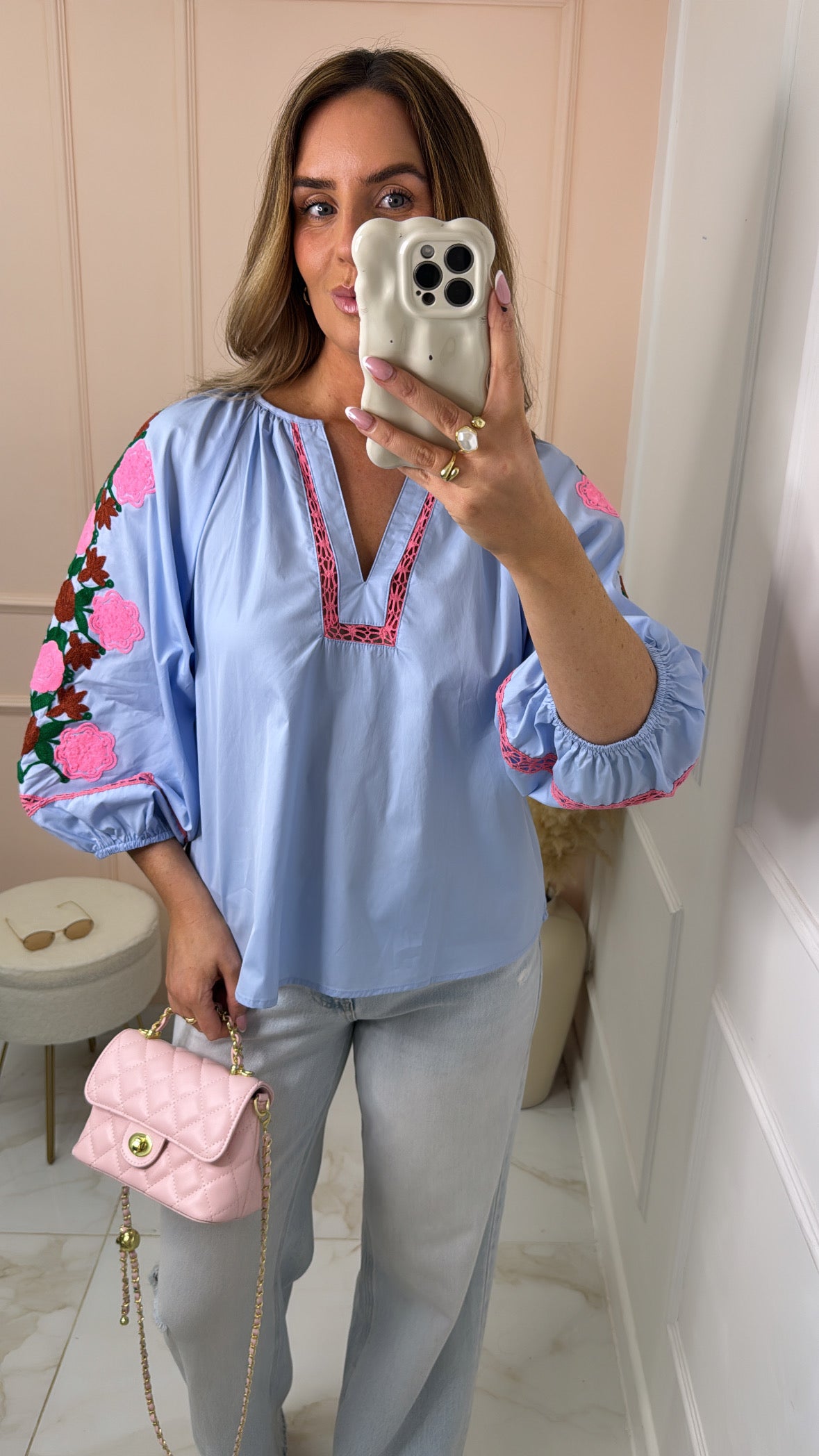 ERIN blue floral embroidered blouse
