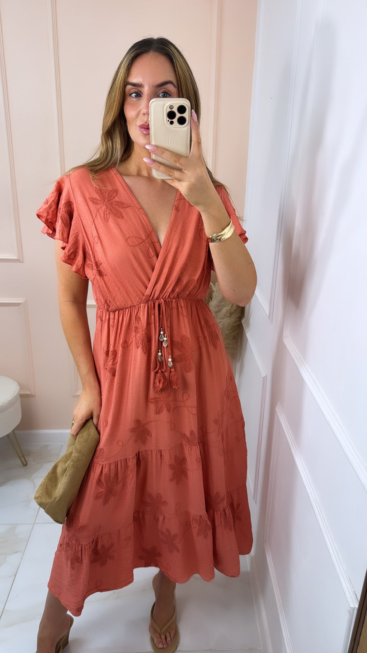 AALIYAH coral embroidered floral maxi dress