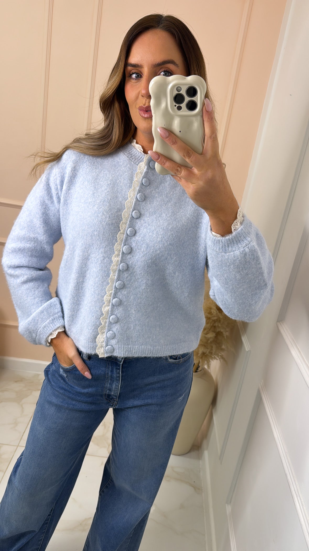FINLEY powder blue broderie trim cardigan