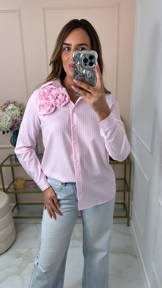 ISABELLA pink pinstripe 3D floral shirt