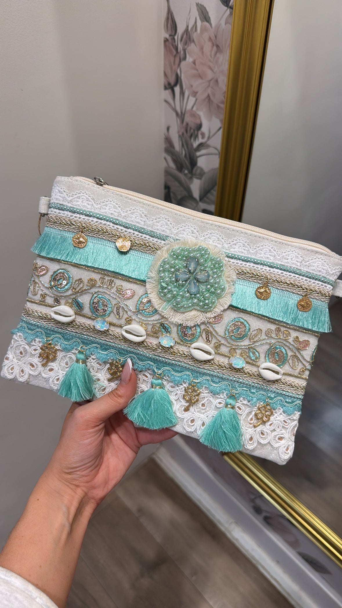 EVIE mint tassel embellished clutch bag