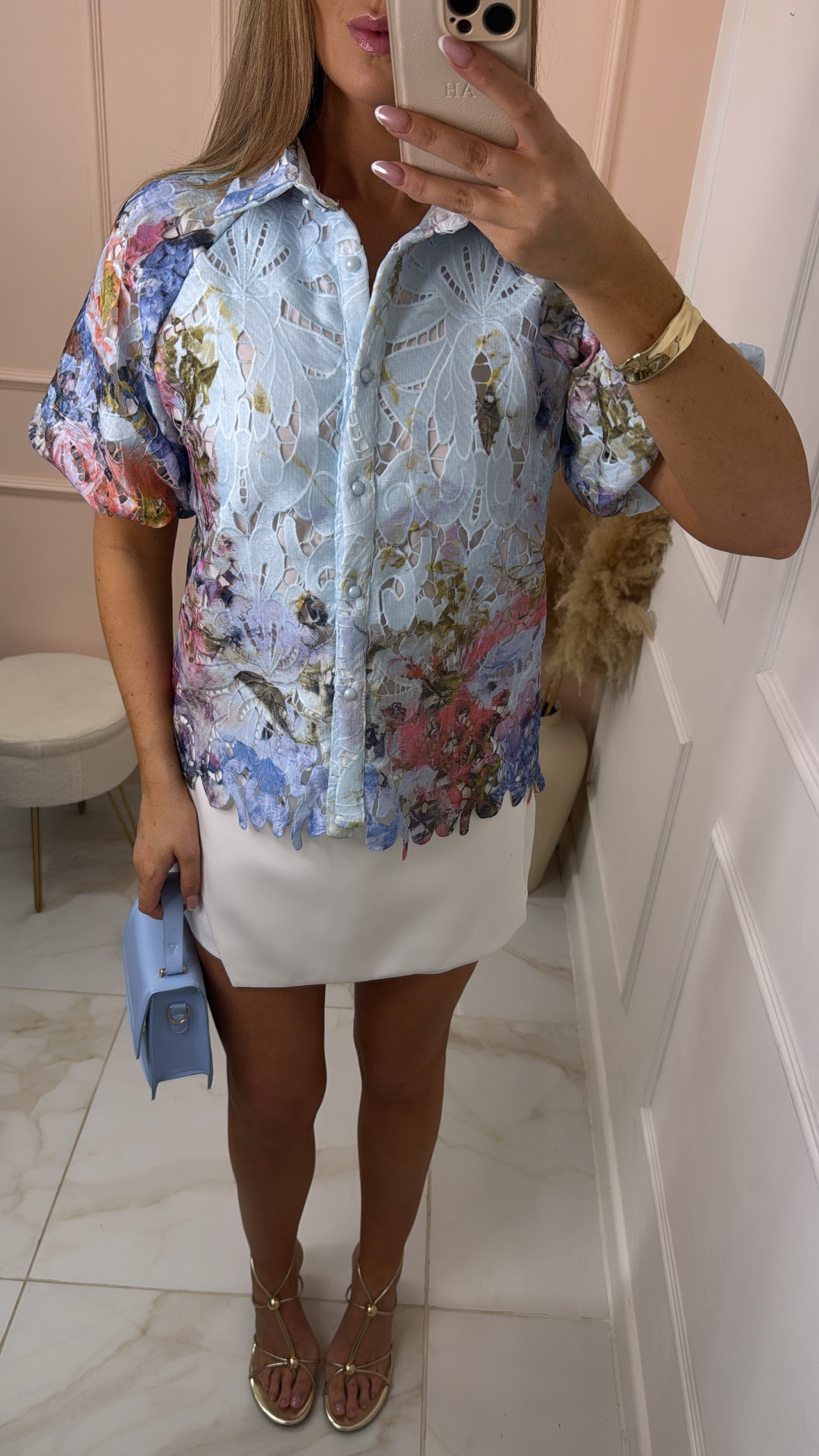 TANYA blue floral crochet detail blouse