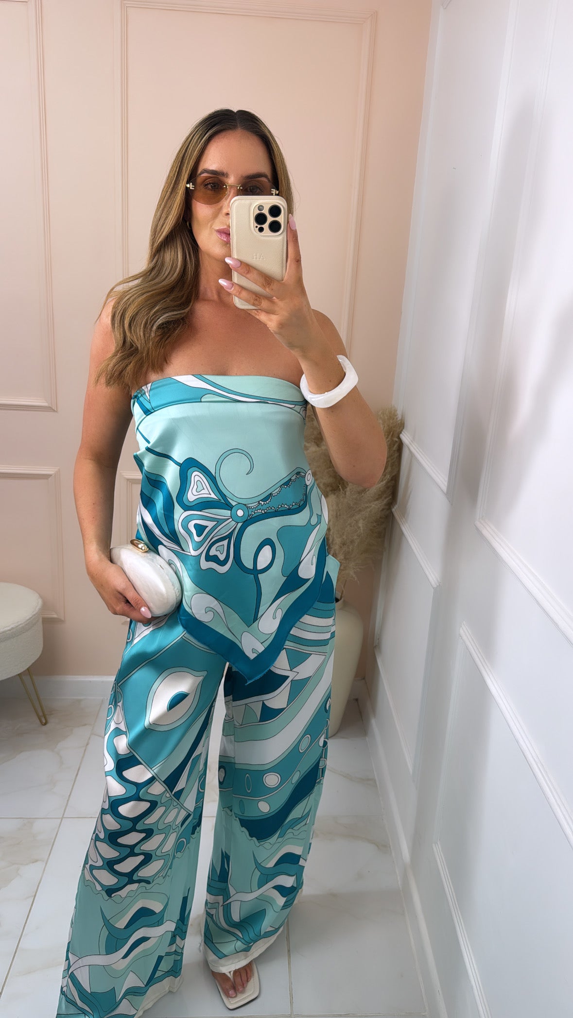 DARCY turquoise swirl satin trouser set