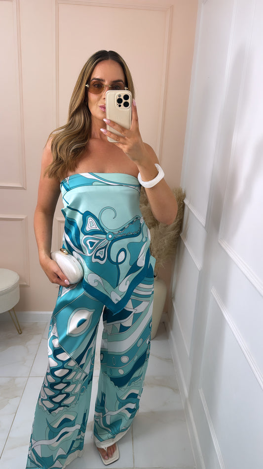 DARCY turquoise swirl satin trouser set