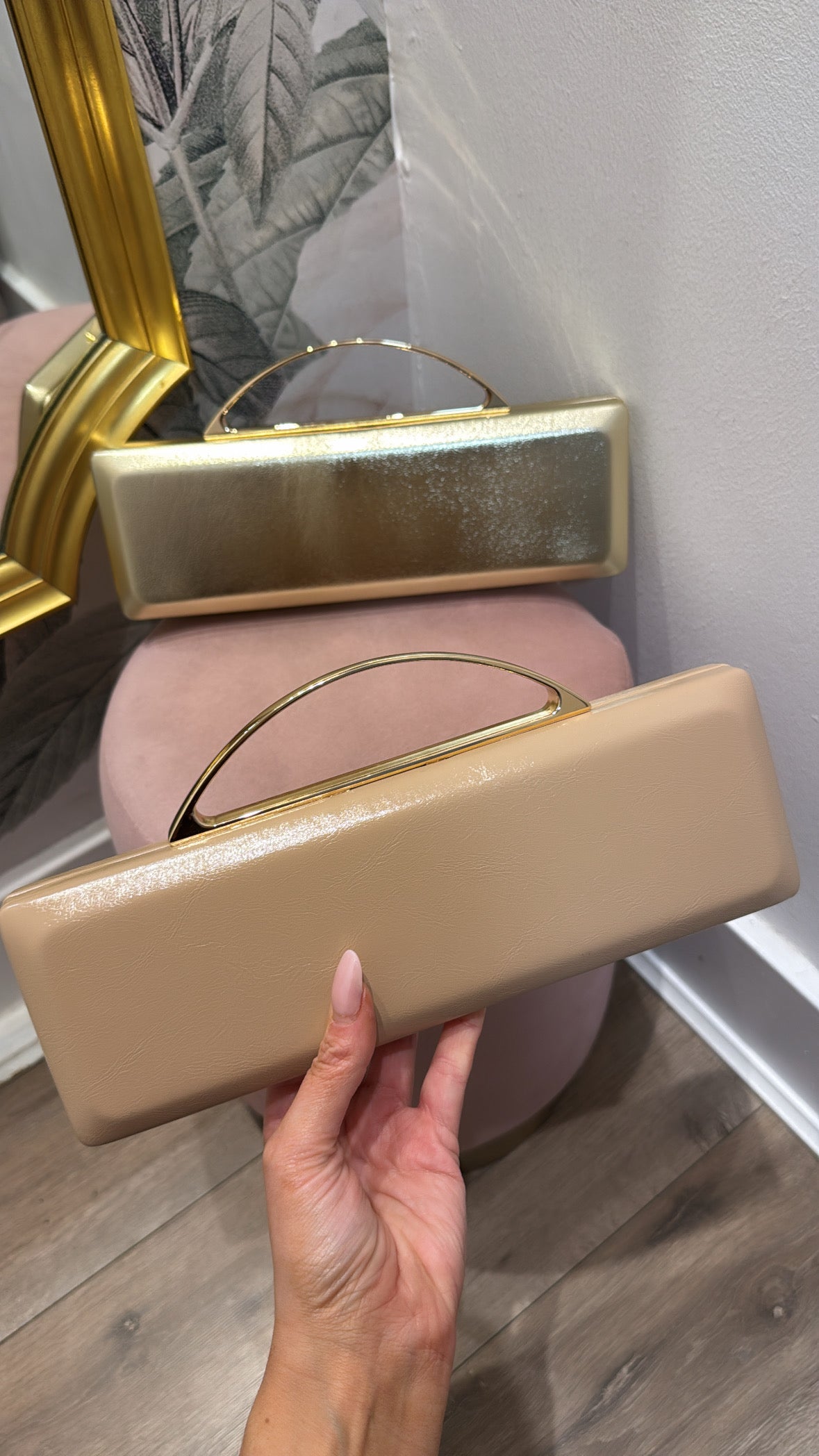 SHARNA nude patent rectangular grab bag