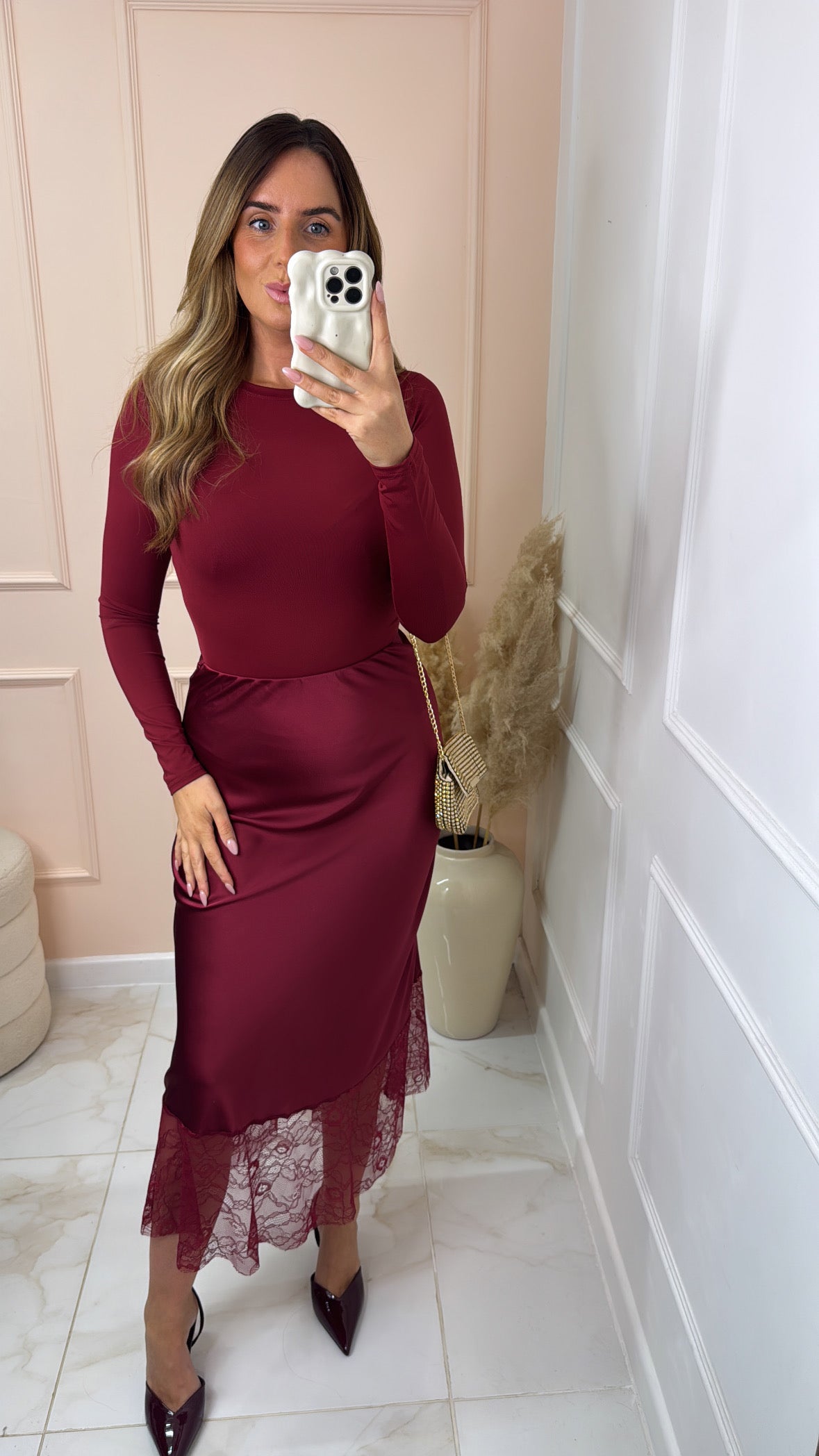 SHARNA burgundy satin lace midaxi skirt