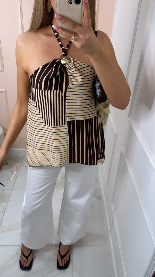 LIBBY brown stripe shell halter neck top