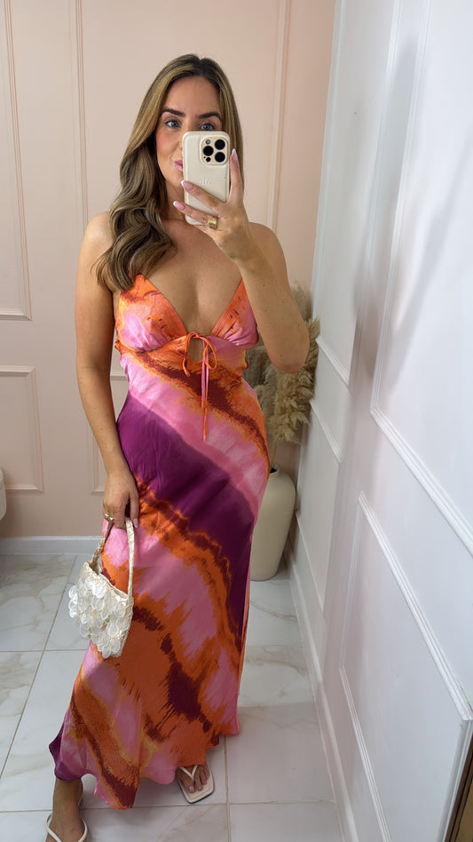 HARLOW fuchsia tie dye satin maxi dress