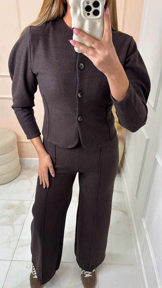 SHARNA petite brown button puff sleeve lounge set