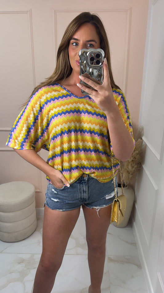 LOTTIE lemon zig zag shimmer bow detail top