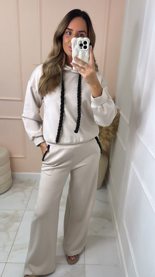 NANCY beige plait detail hooded lounge set