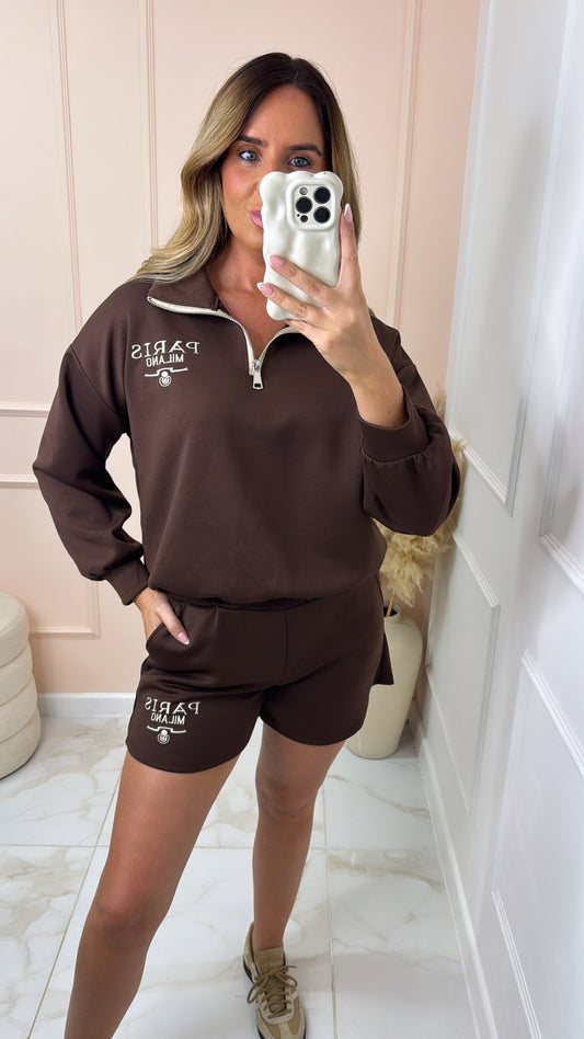 JASMINE chocolate embroidered half zip lounge set