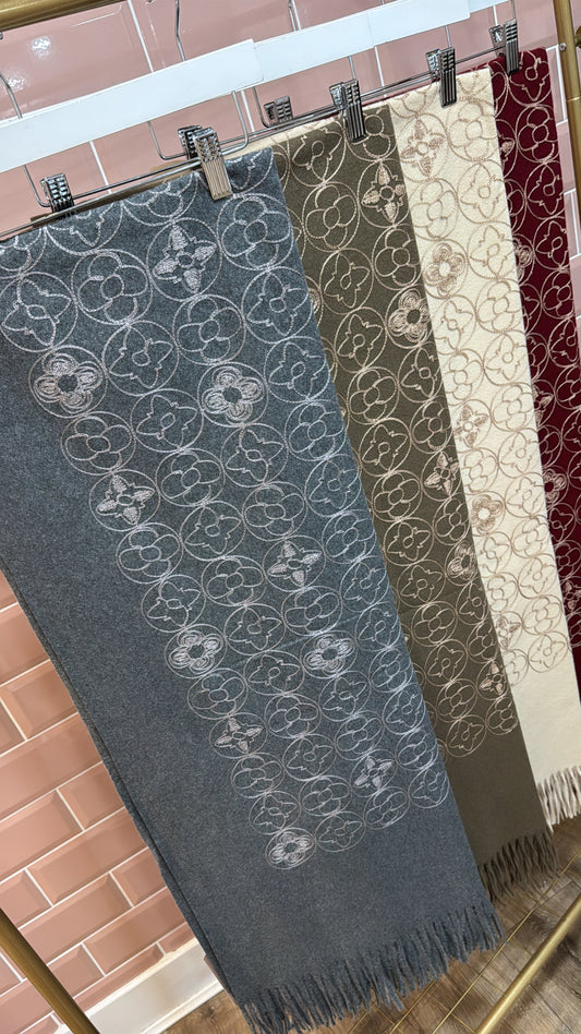 WILLOW grey embroidered motif fluffy scarf