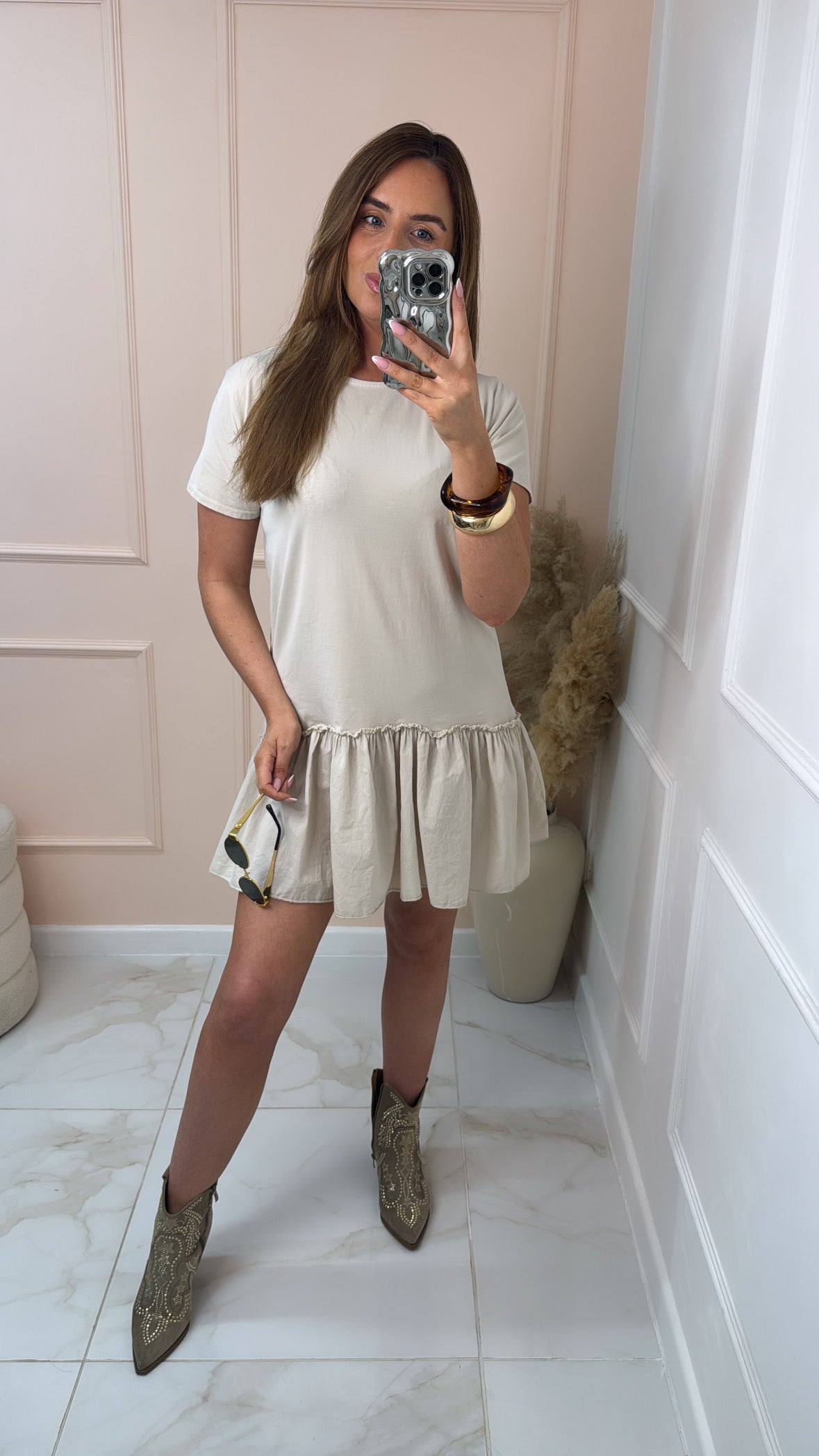ISLA beige tiered frill tshirt dress