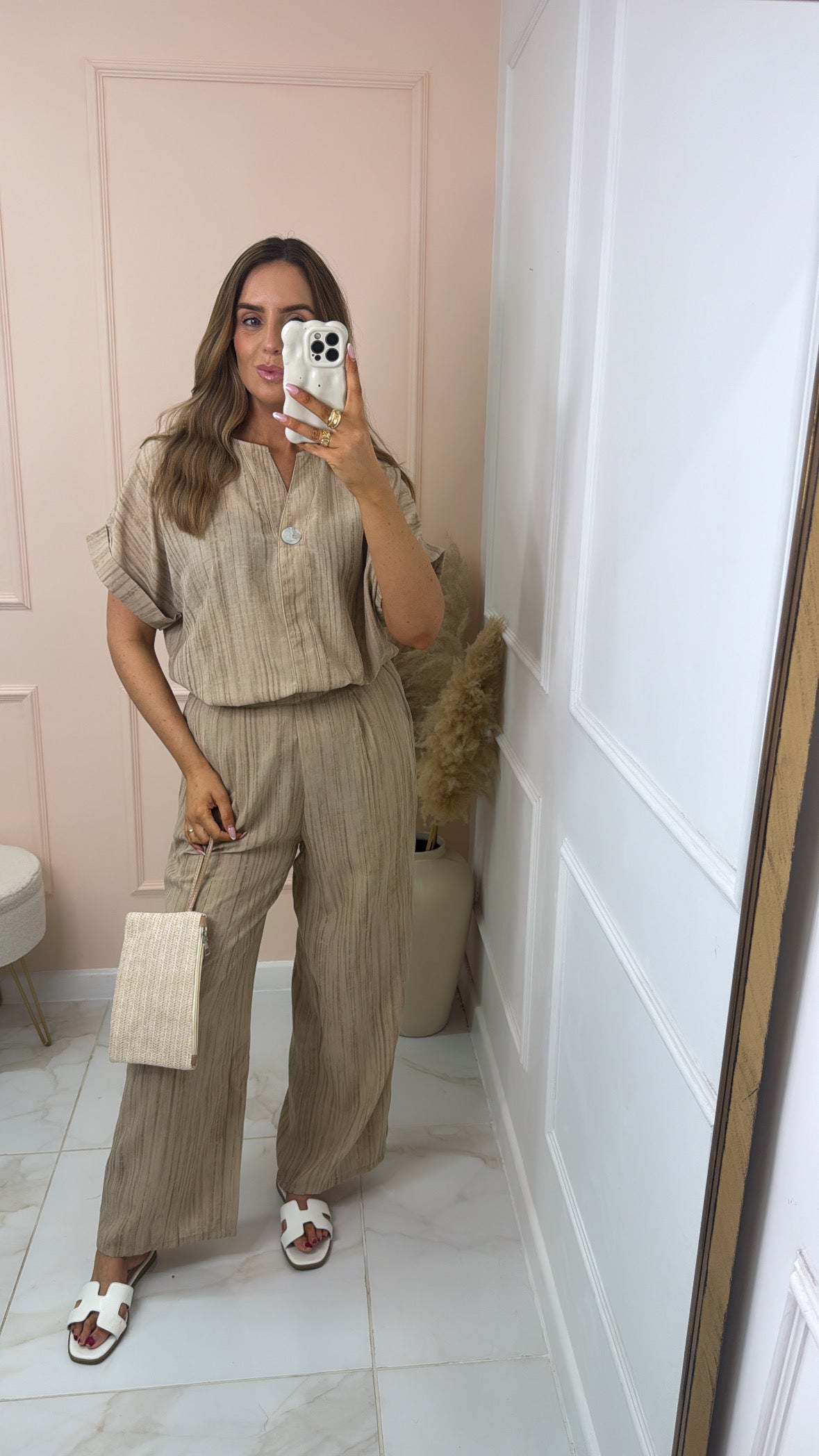 EMILY taupe tie dye button detail trouser set