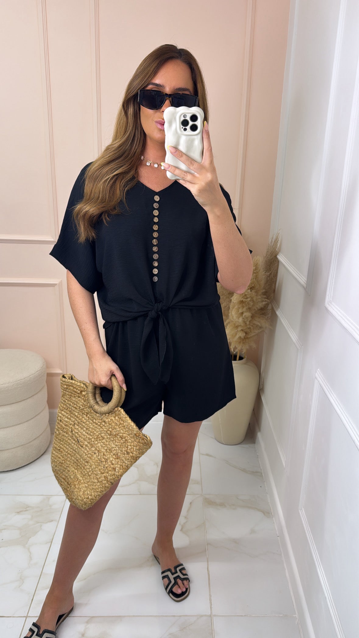 MACEY black button tie front short set