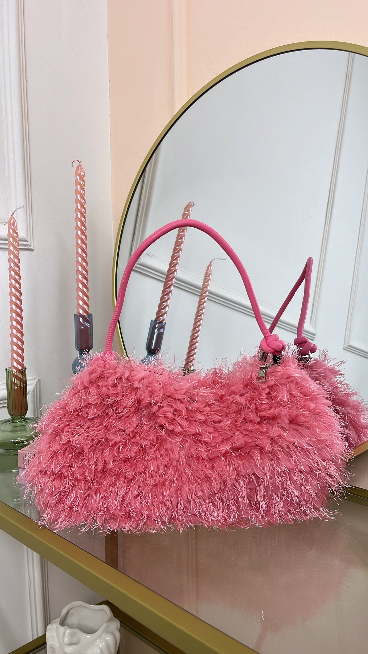 MOLLIE cream pink fluffy clutch bag