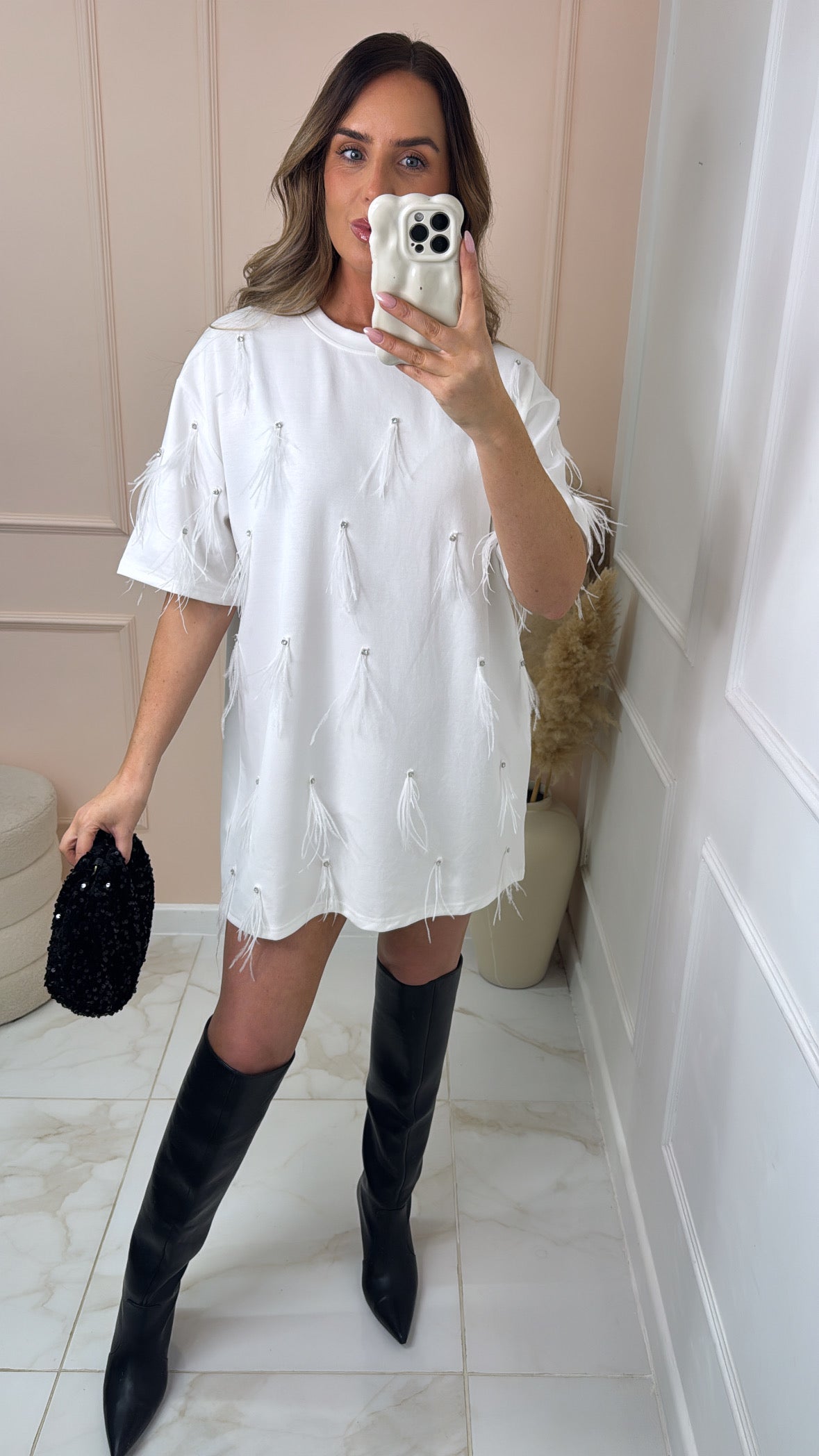 MIMI white feather detail tshirt dress