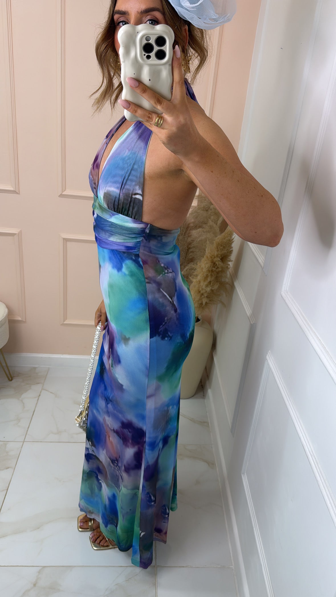 JADE blue abstract halter maxi dress