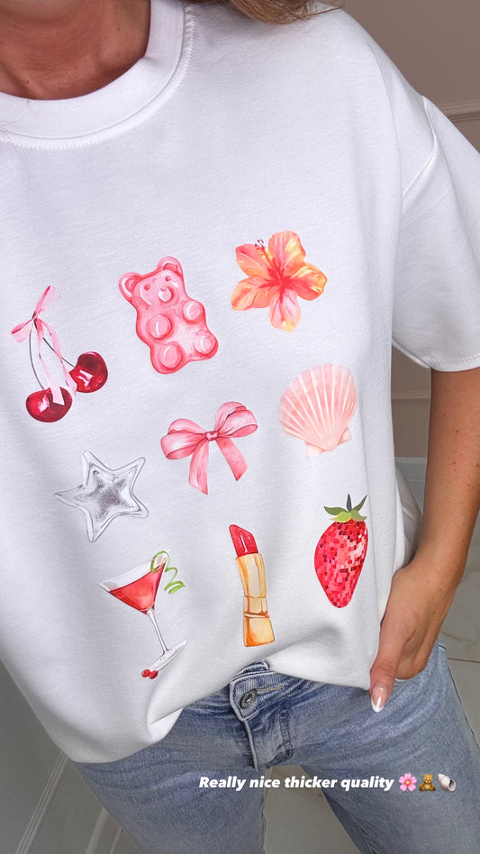 HALLIE white pink and red motif t shirt