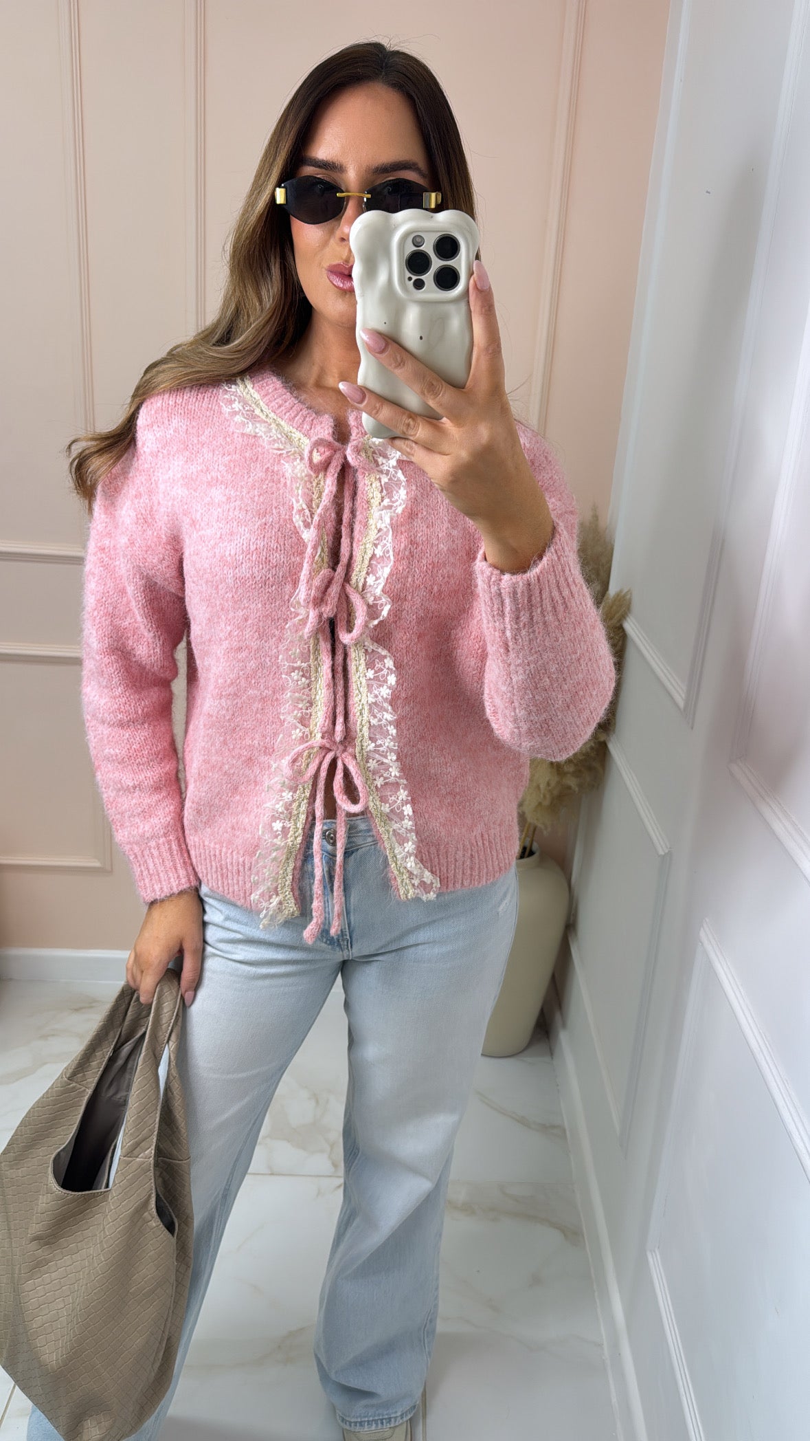 LEELA pink tie front frill cardigan