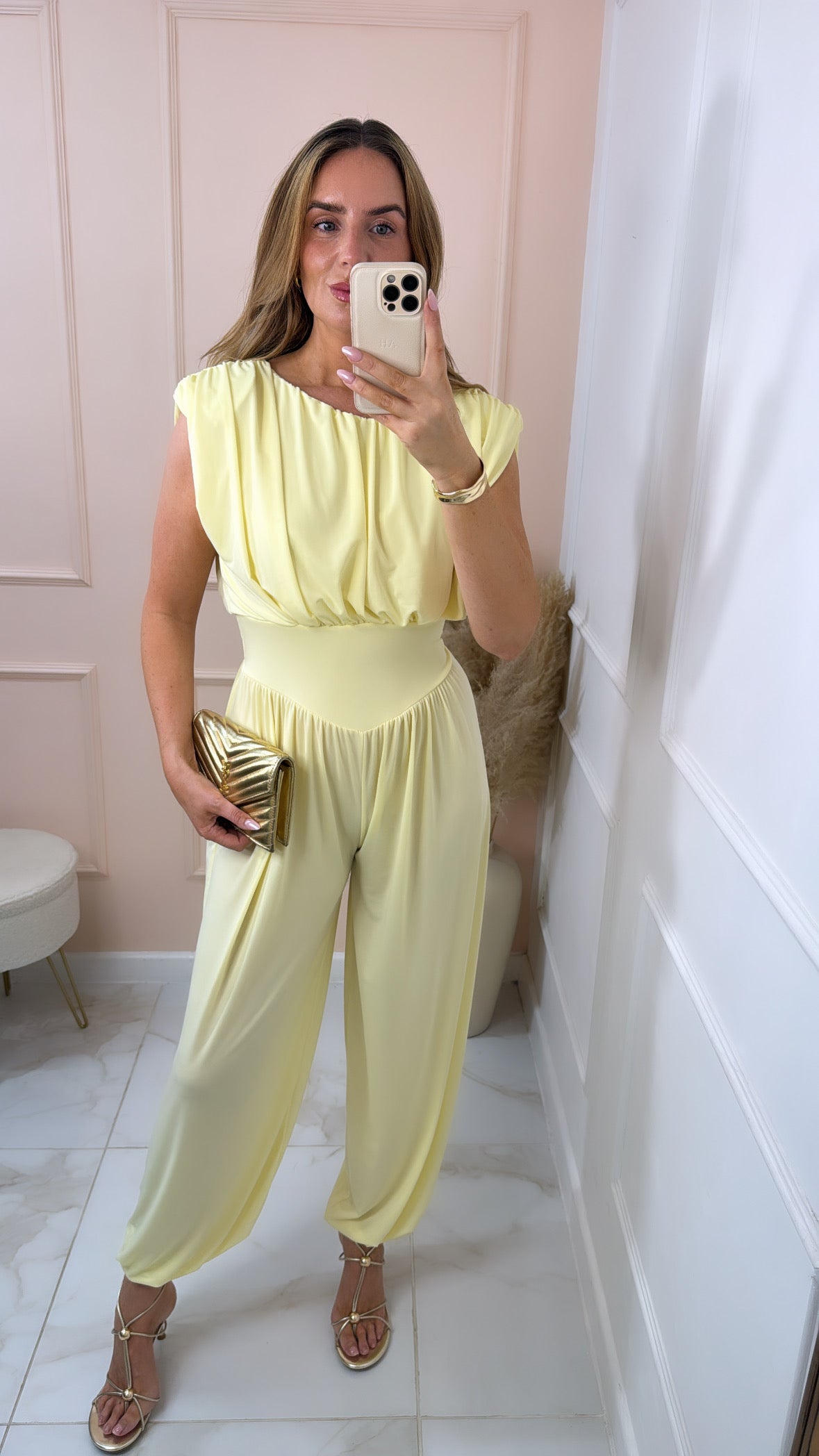 LUCY lemon shoulder pad jumpsuit