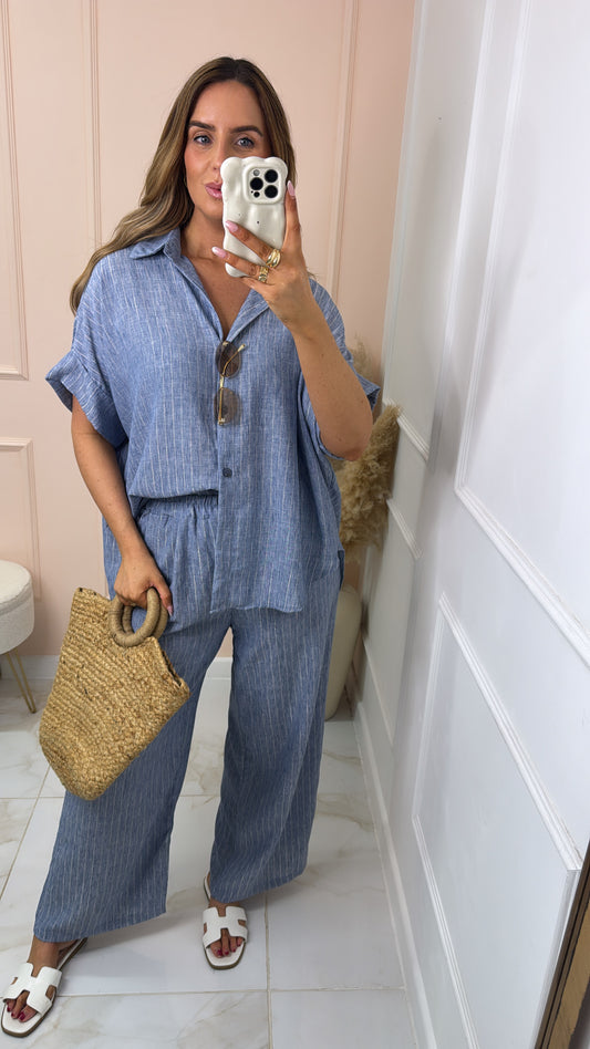 SOFIA blue metallic pinstripe boxy trouser set