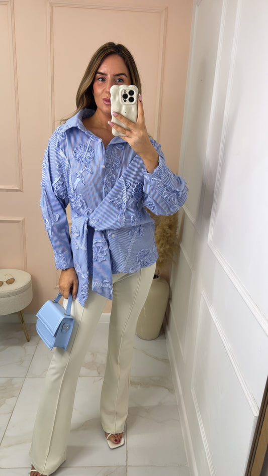MELANIE blue pinstripe tie front shirt
