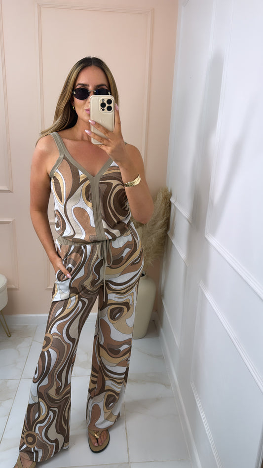 MERCI taupe swirl print shimmer trouser set