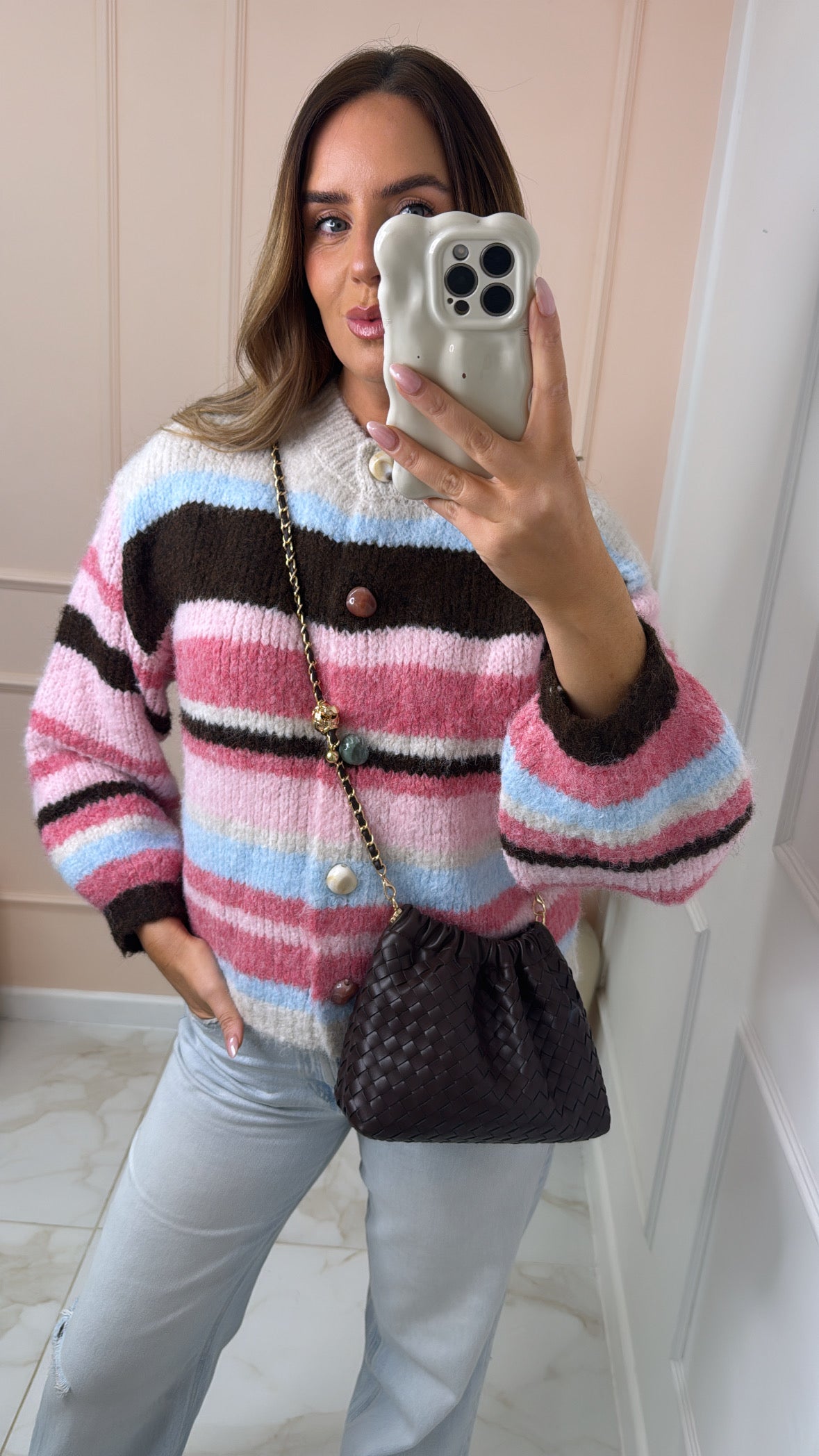 JUNIPER pink multi stripe knit cardigan