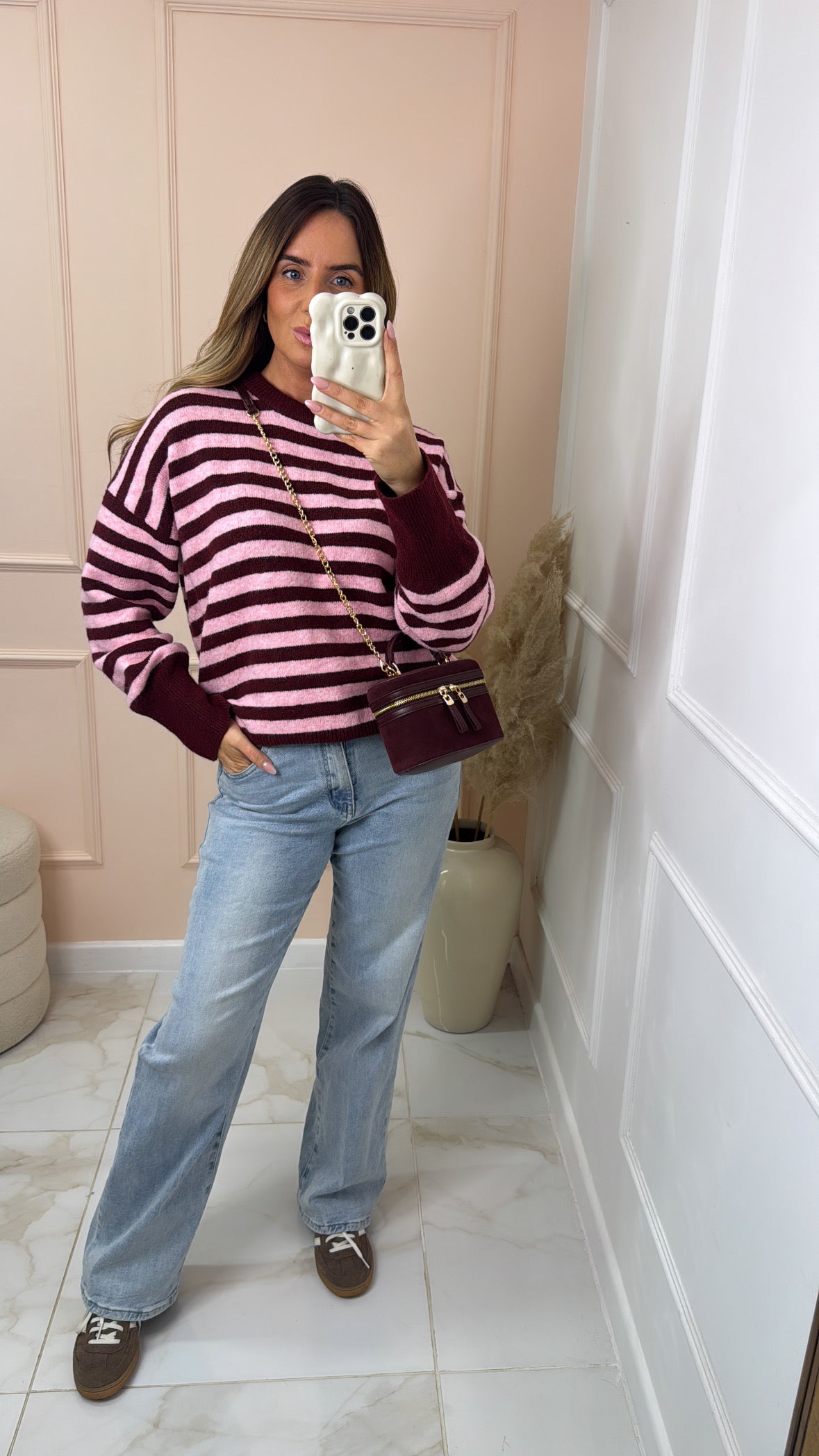 SIAN burgundy & pink stripe jumper