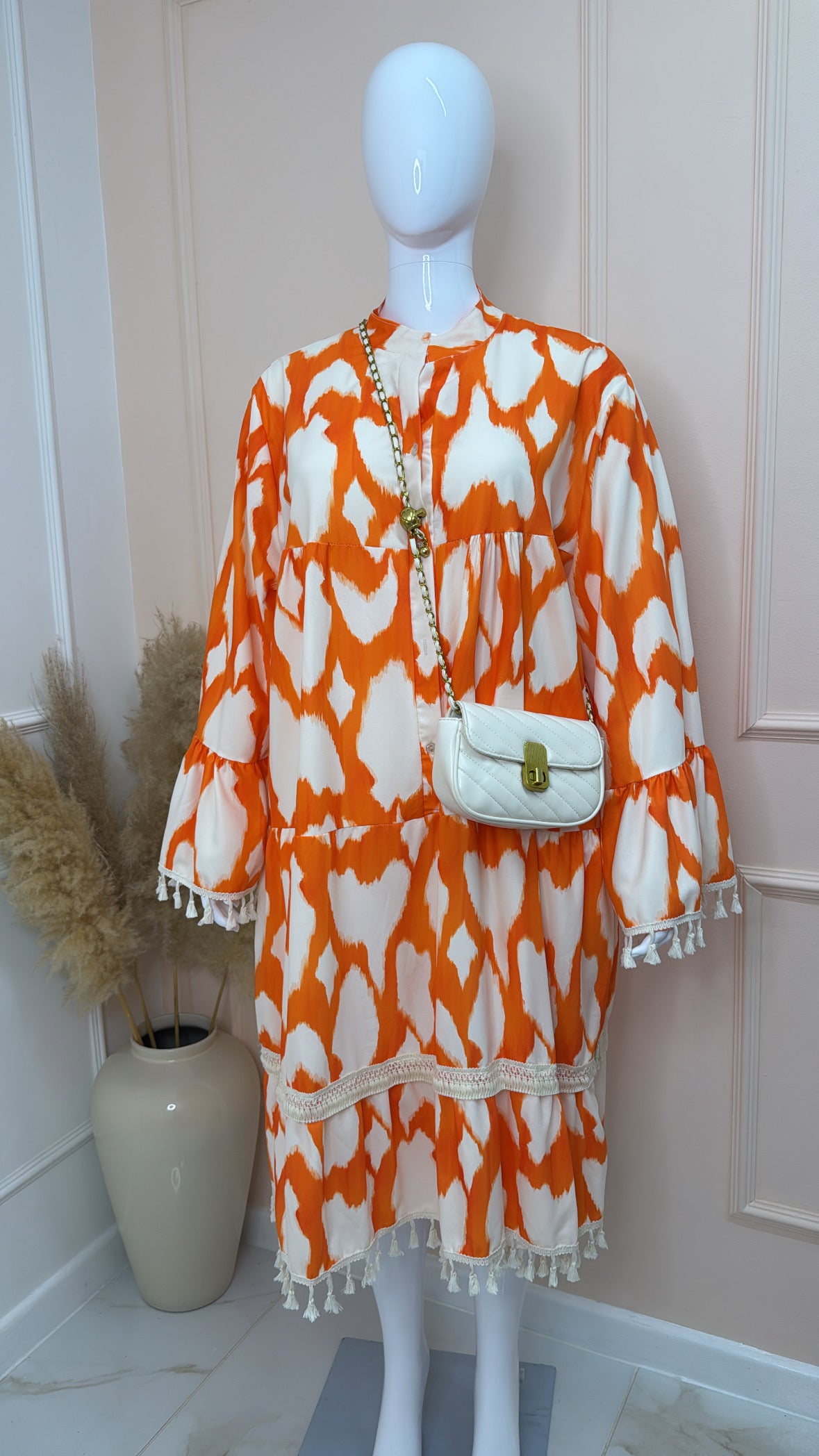 SADIE orange printed tassel smock dress