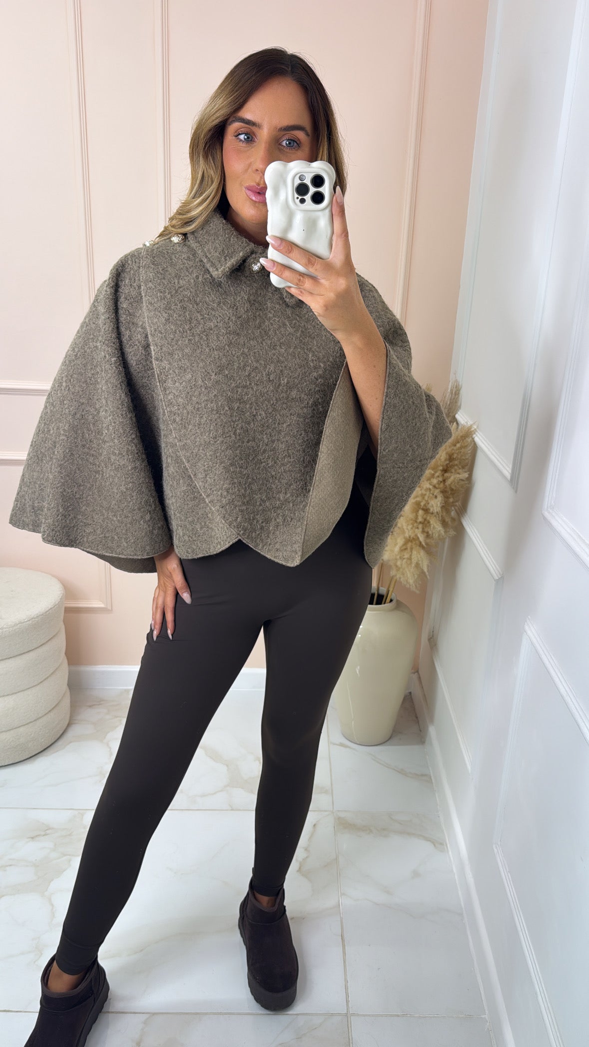 ESME taupe gold button wrap cape