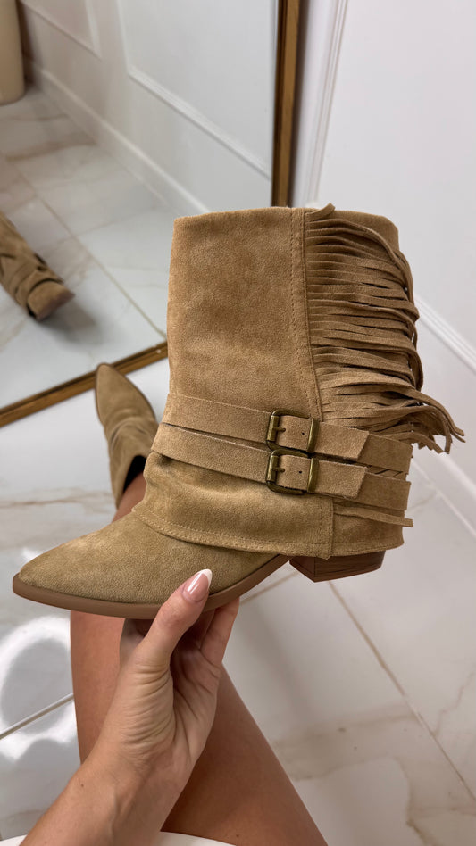 MATILDA taupe suede tassel boots