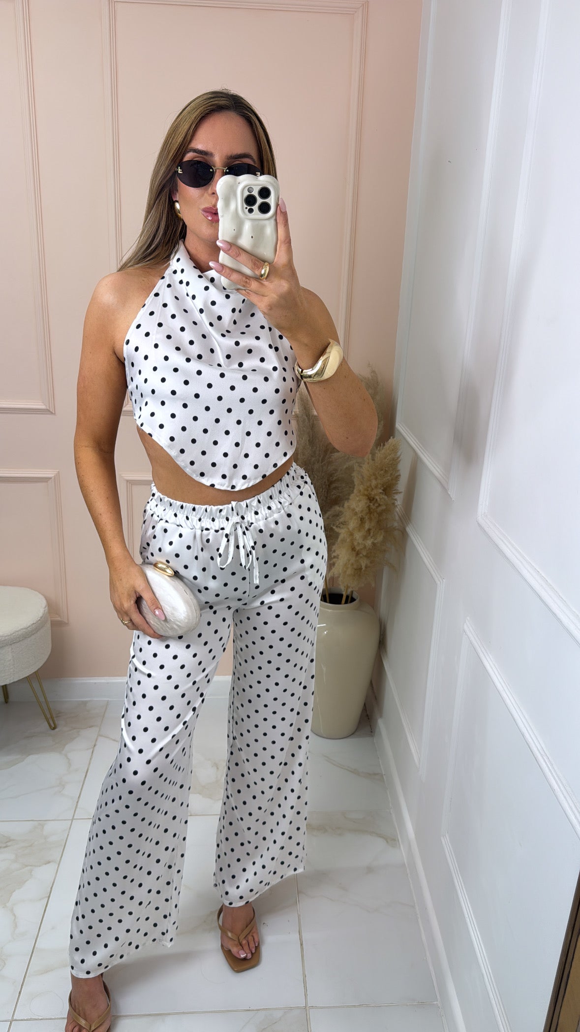 TALIA white polka dot halter neck trouser set