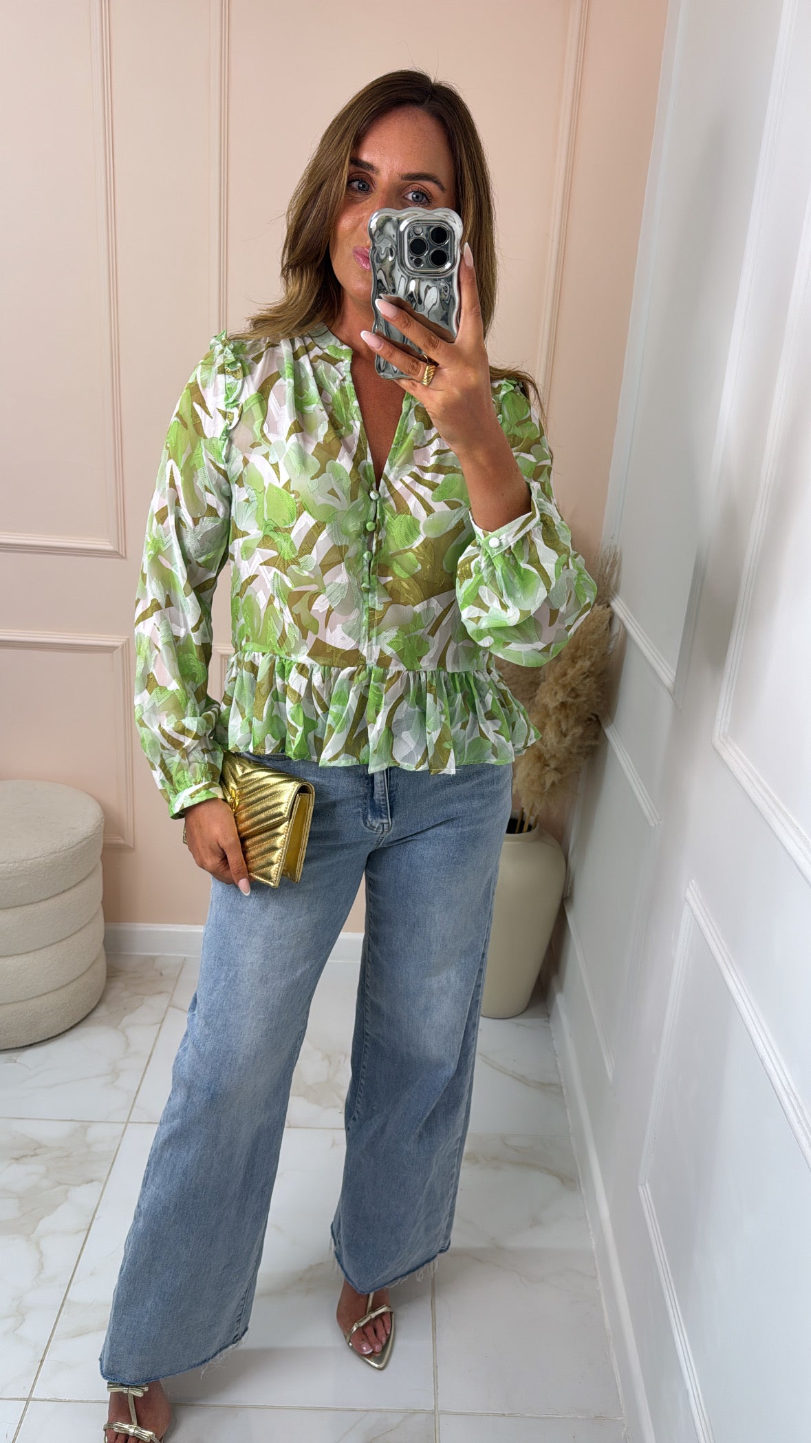 LUNA green printed ruffle blouse