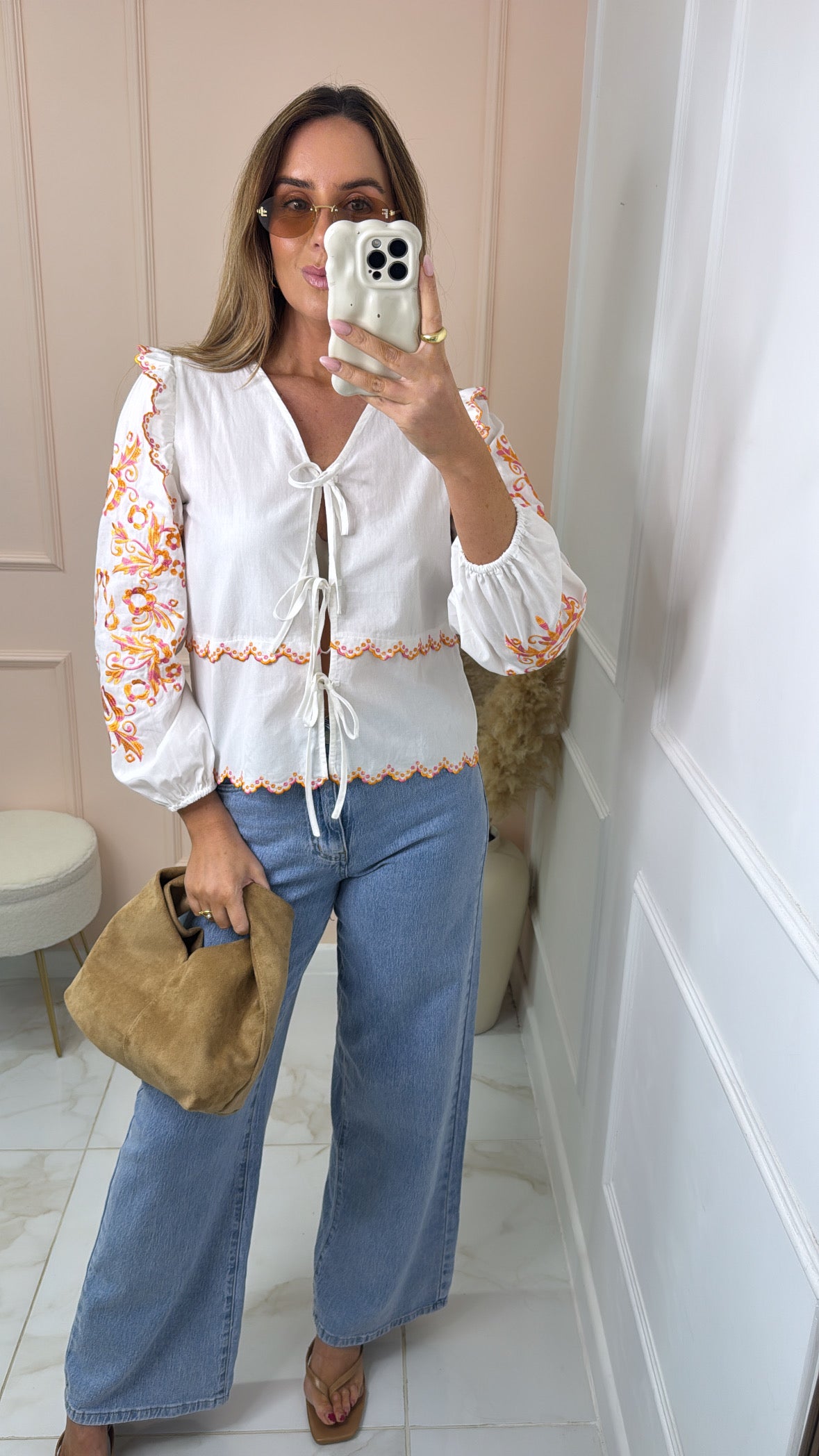 BETH white tie front embroidered top