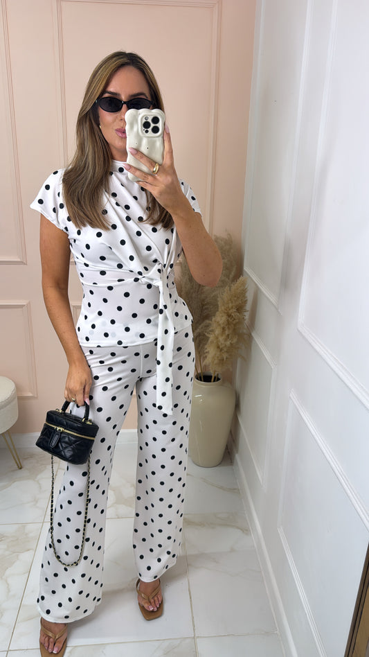 MINNIE white polka dot tie front trouser set