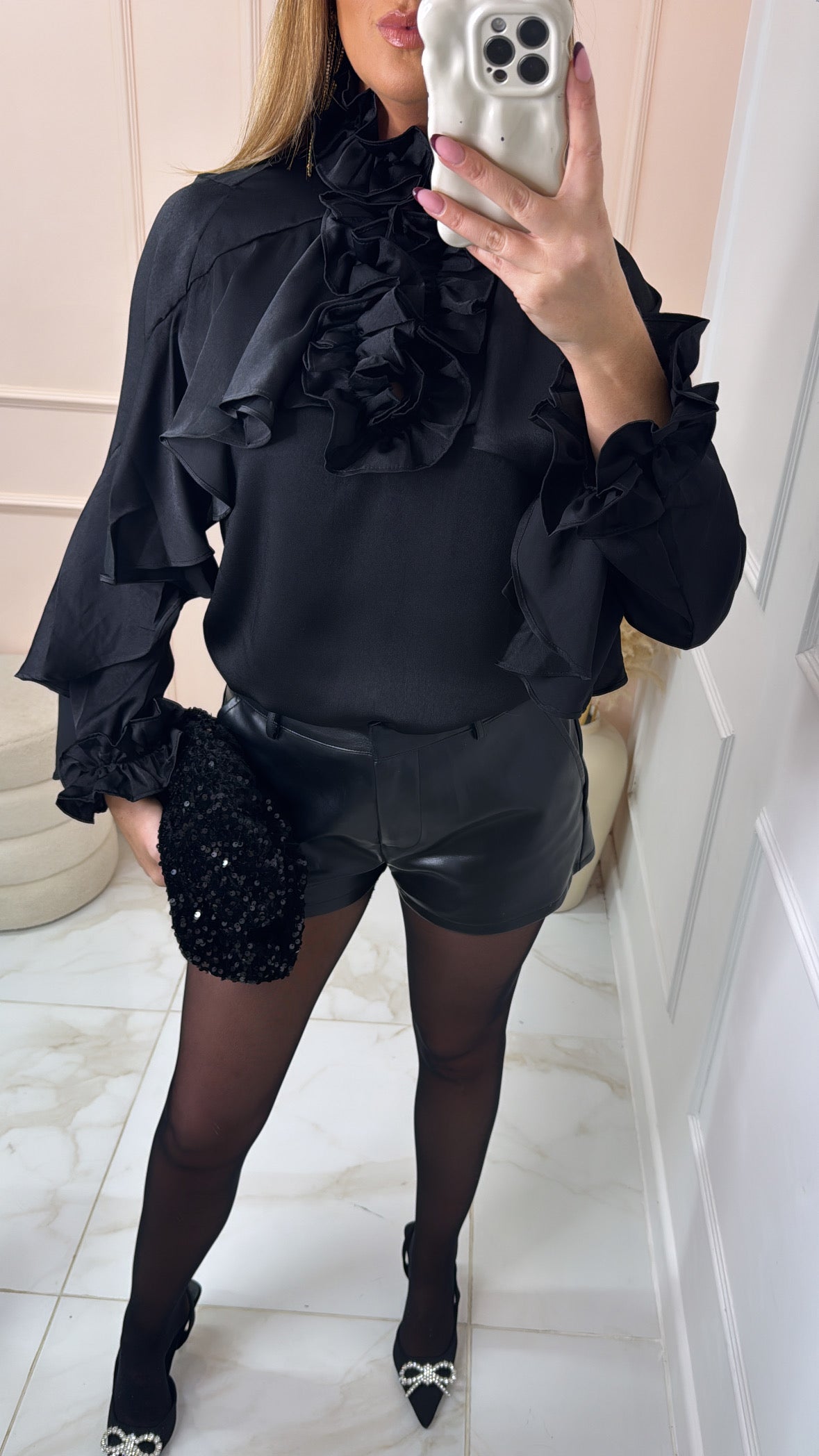 ARABELLA black satin frill blouse