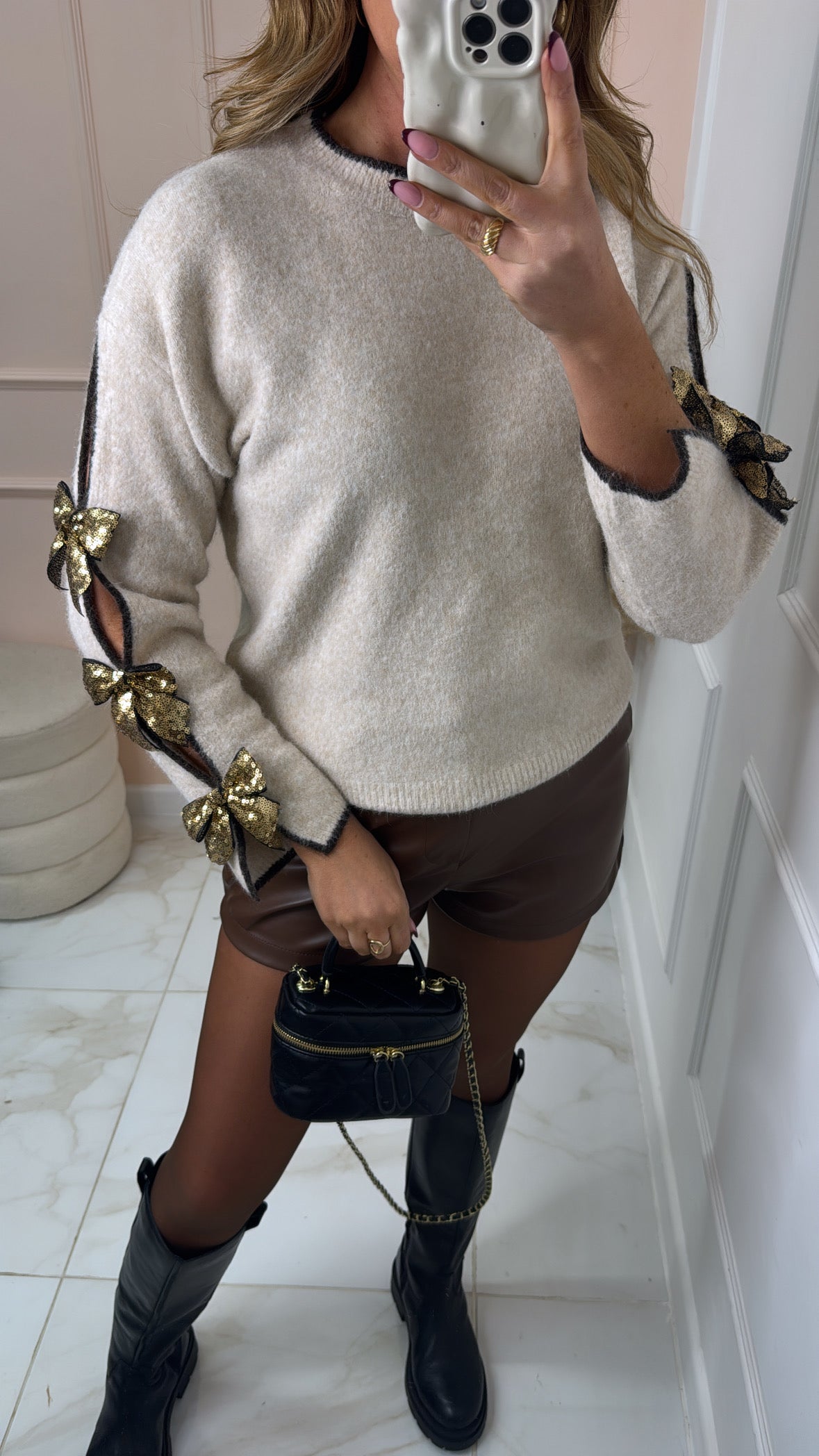 CHARLIE cream sequin bow detail jumper