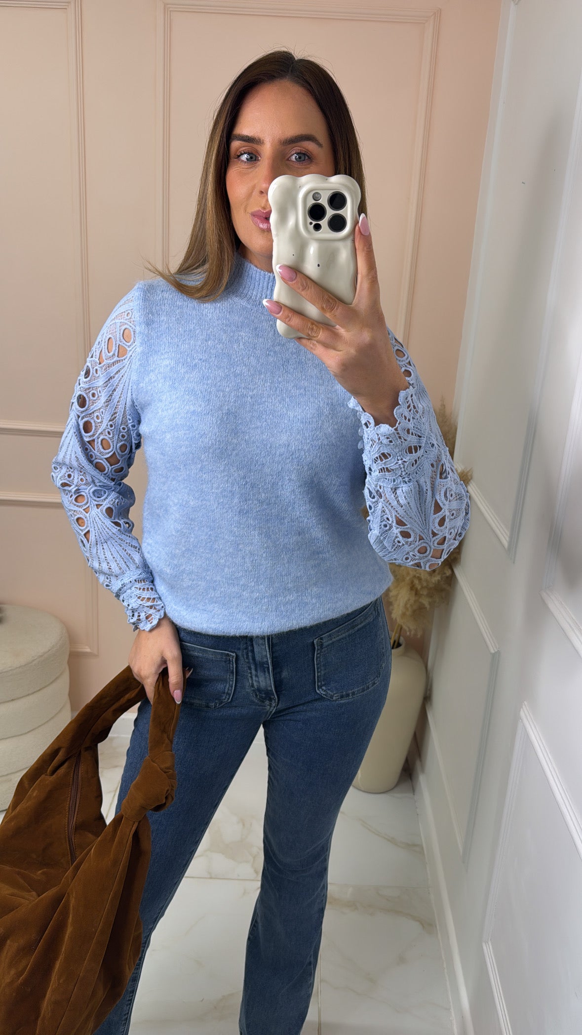 ROBERTA blue crochet sleeve jumper