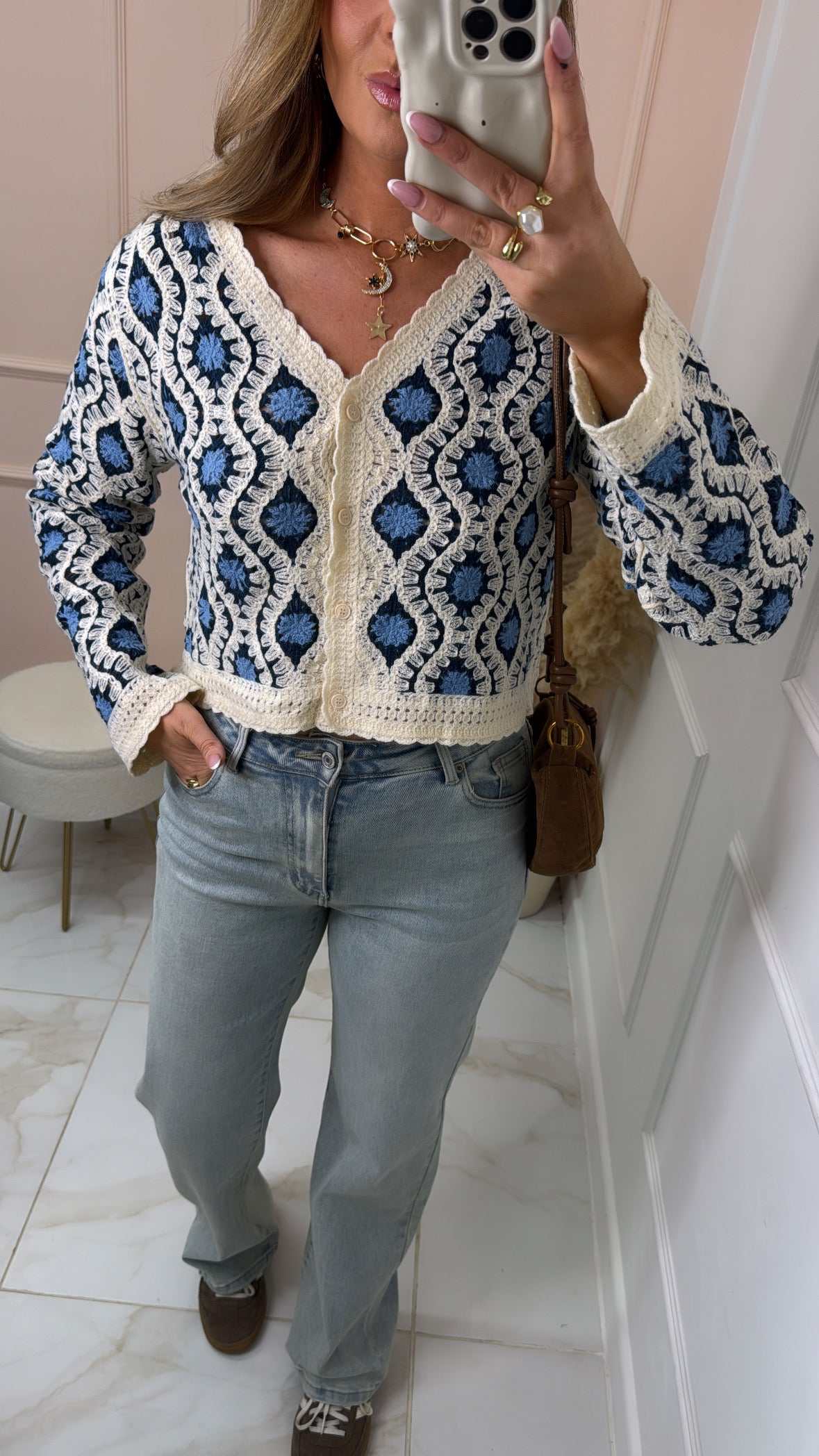 RAINE blue geo print crochet cardigan