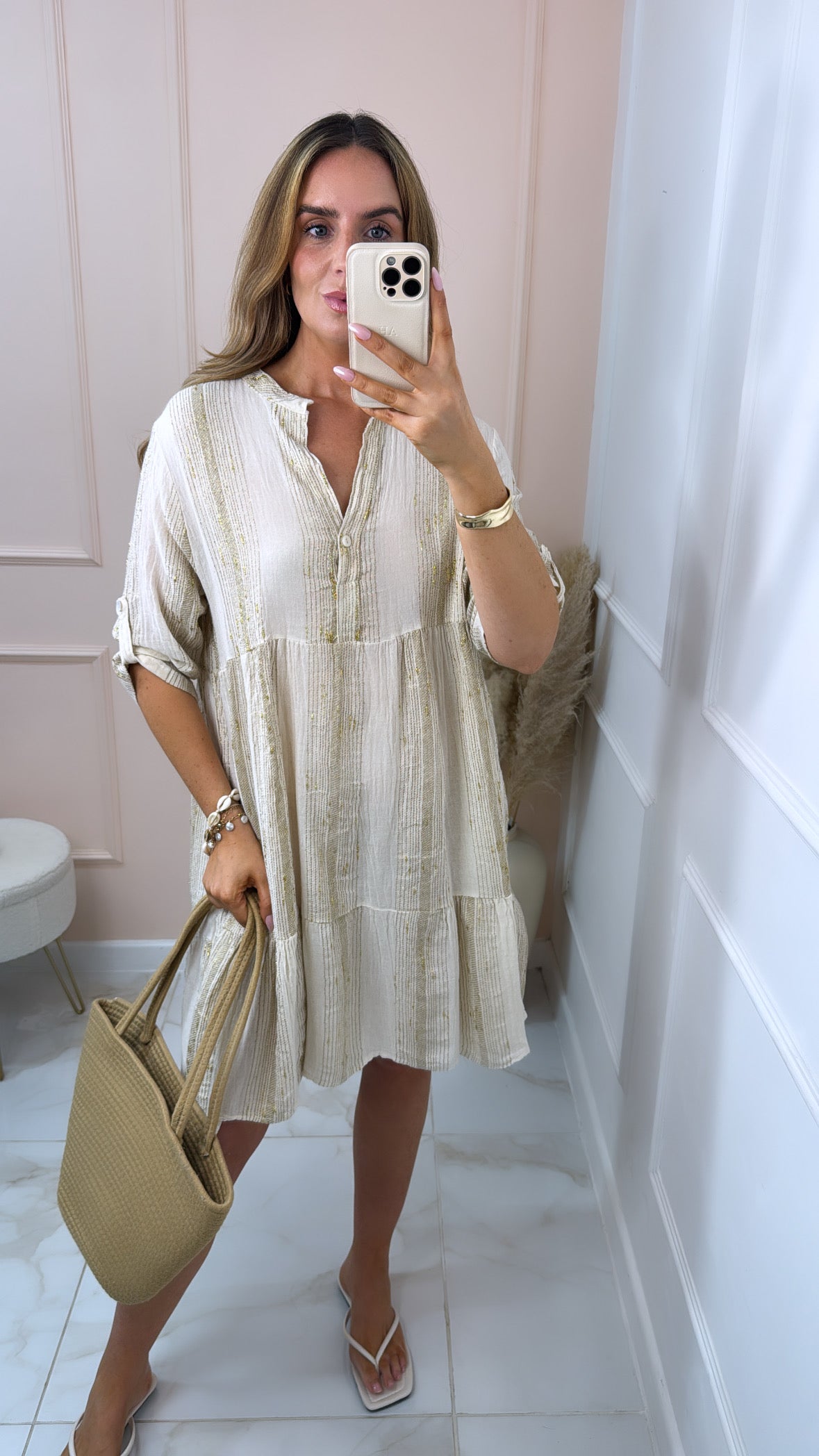 ANNIE beige & gold metallic smock dress