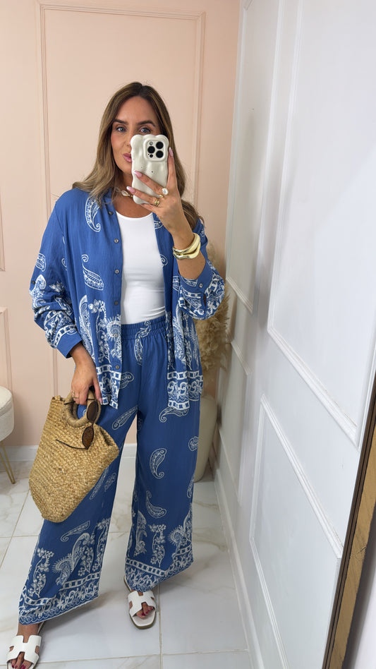 MABEL blue paisley print trouser set