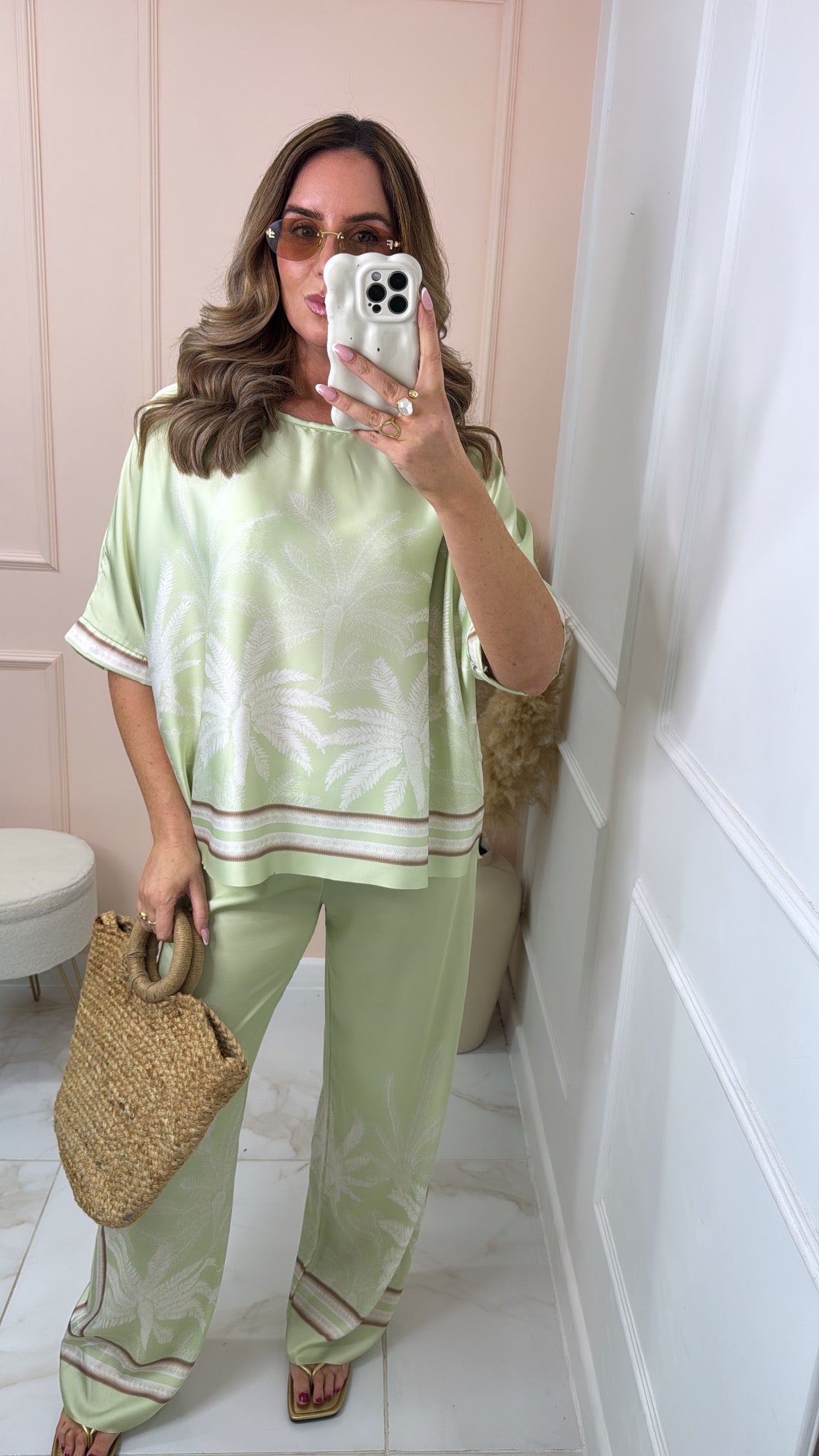 MILLIE mint palm print silky trouser set